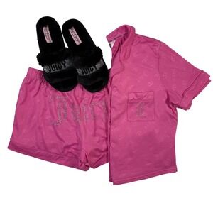 JUICY COUTURE 3 Piece Pajama Set, Rhinestone Juicy, Size M, Slippers 6.5-7.5
